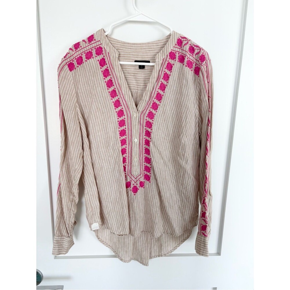 J.Crew 100% linen Embroidered Tunic Blouse Beige Stripe Pink Floral Boho- medium